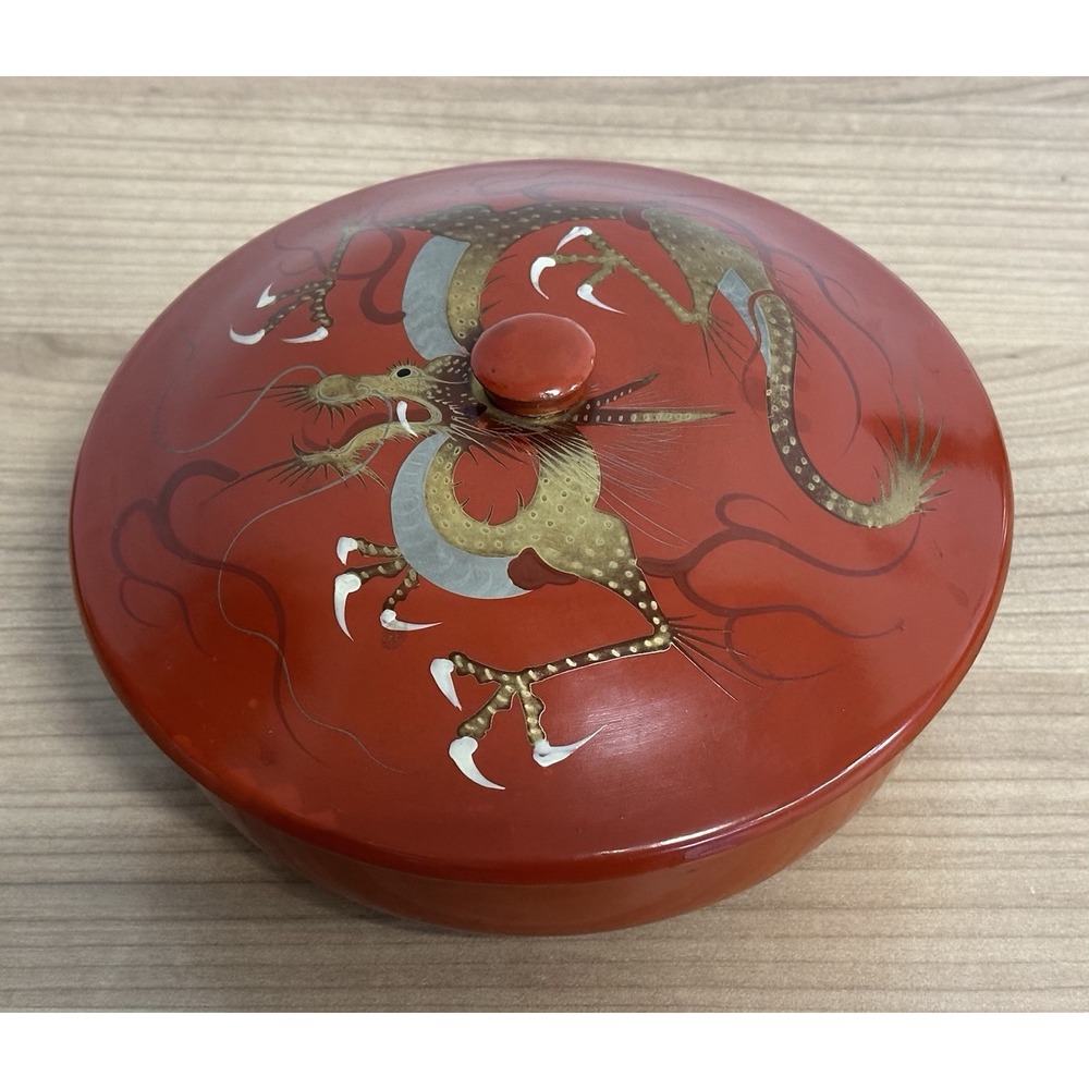 Vtg Japanese Bowl Hand Painted Gold Dragon Red Lacquer Lidded Trinket